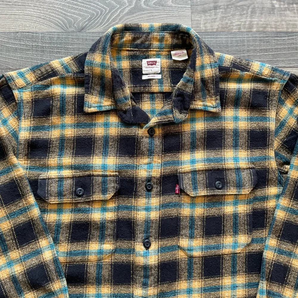 Levi’s Relaxed Fit Flannel Shirt Men’s LARGE Yellow Black Turquoise Plaid 19587